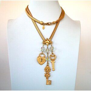 Charm Necklace Heart & Key Pendant With Crystal Accents